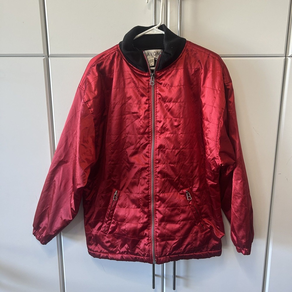 Lavon Vintage Red Quilted Satin Bomber Jacket Women Large Full Zip Retro Coat